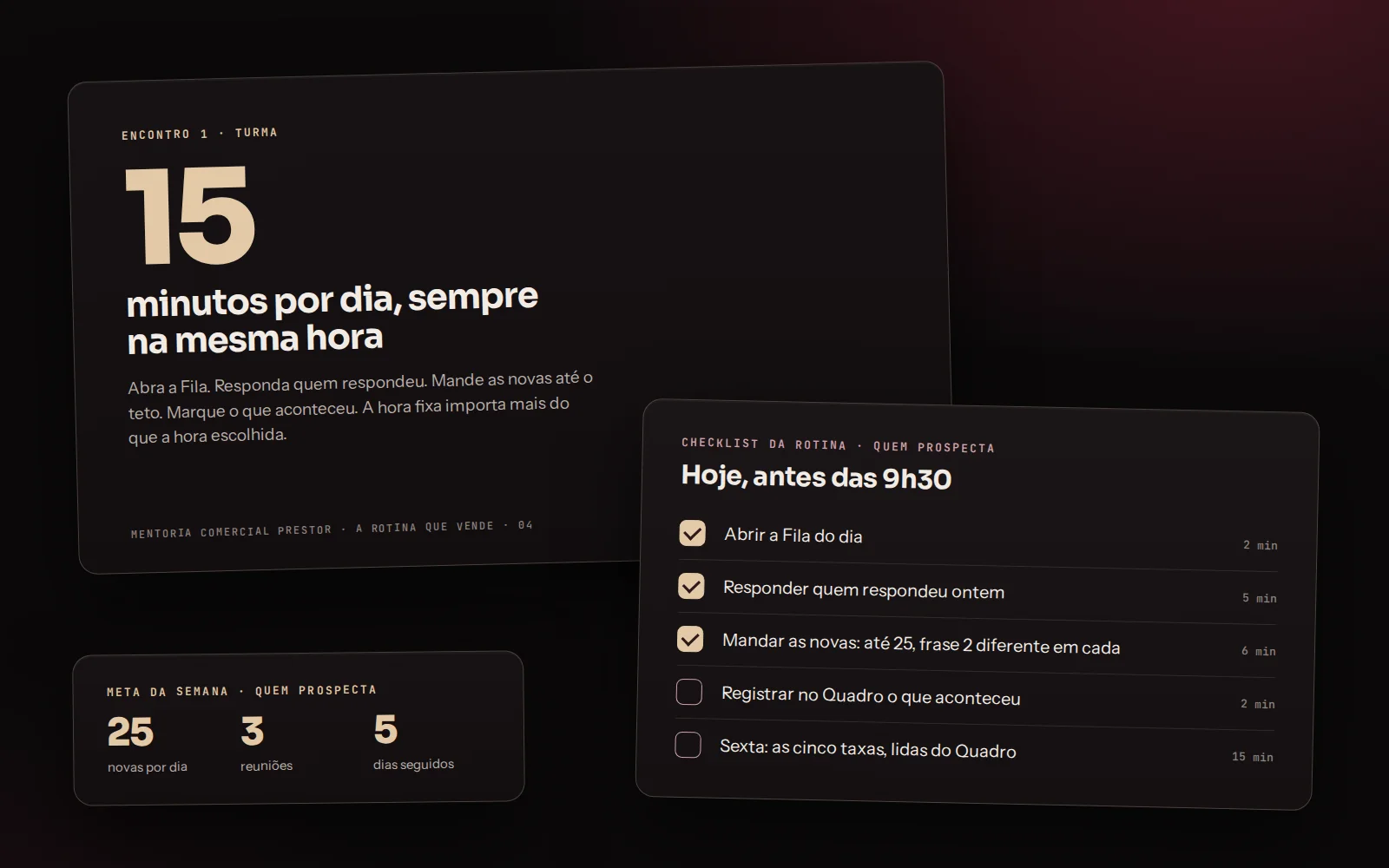 Slide do encontro 1 sobre os 15 minutos por dia e o checklist da rotina de quem prospecta