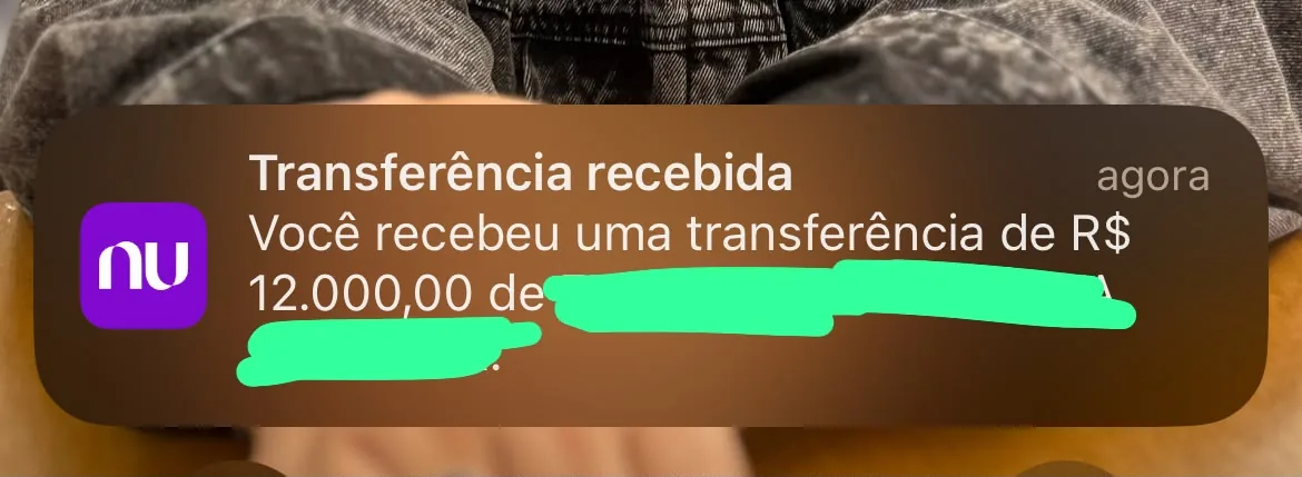 Notificação do banco: transferência recebida de R$ 12.000,00